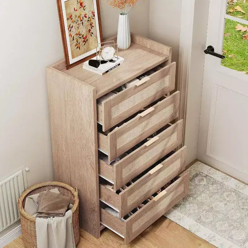 Commode 5 tiroirs en rotin style bohème pour chambre à coucher, grande commode en bois de rangement pour vêtements, organisateur de table de chevet pour couloir, salon
