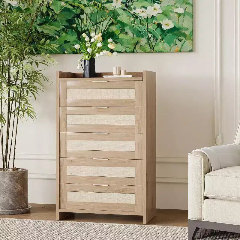 Commode 5 tiroirs en rotin style bohème pour chambre à coucher, grande commode en bois de rangement pour vêtements, organisateur de table de chevet pour couloir, salon