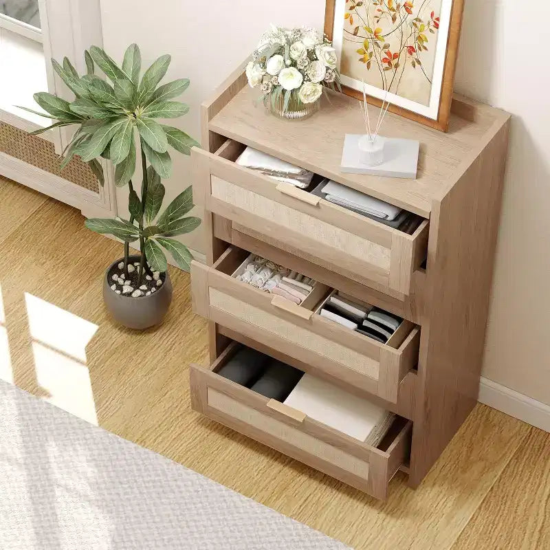Commode 5 tiroirs en rotin style bohème pour chambre à coucher, grande commode en bois de rangement pour vêtements, organisateur de table de chevet pour couloir, salon