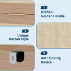 Commode 5 tiroirs en rotin style bohème pour chambre à coucher, grande commode en bois de rangement pour vêtements, organisateur de table de chevet pour couloir, salon