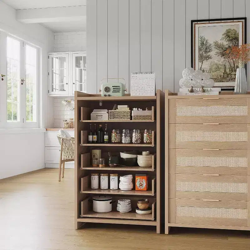 Commode 5 tiroirs en rotin style bohème pour chambre à coucher, grande commode en bois de rangement pour vêtements, organisateur de table de chevet pour couloir, salon