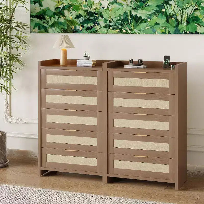 Commode 5 tiroirs en rotin style bohème pour chambre à coucher, grande commode en bois de rangement pour vêtements, organisateur de table de chevet pour couloir, salon