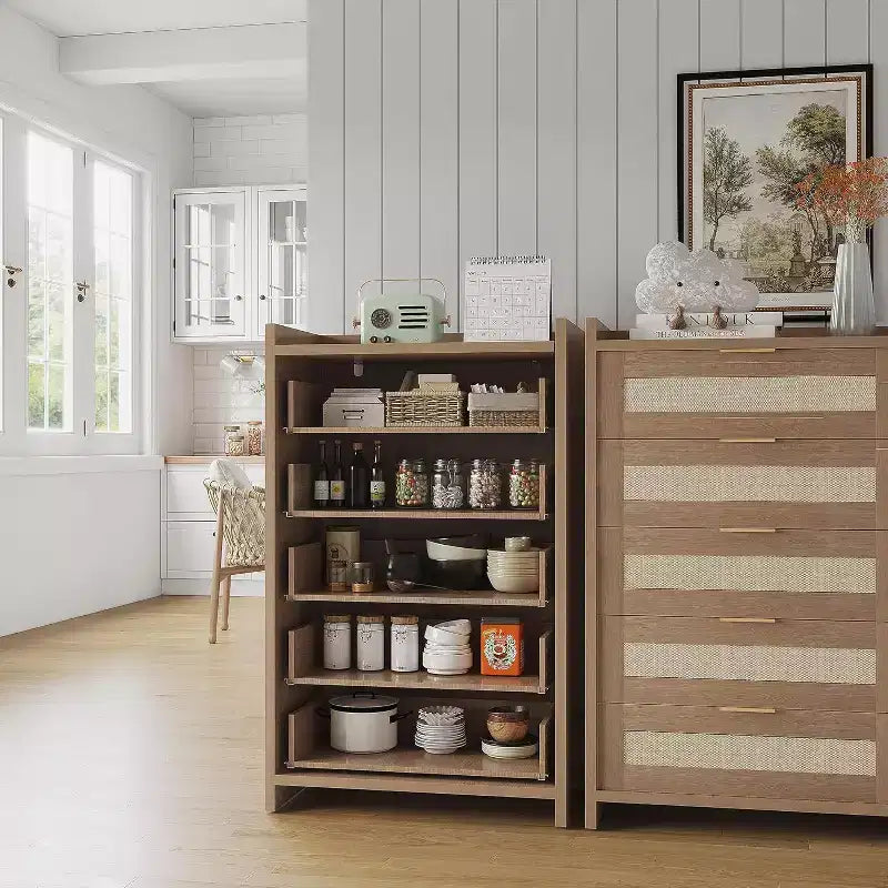 Commode 5 tiroirs en rotin style bohème pour chambre à coucher, grande commode en bois de rangement pour vêtements, organisateur de table de chevet pour couloir, salon