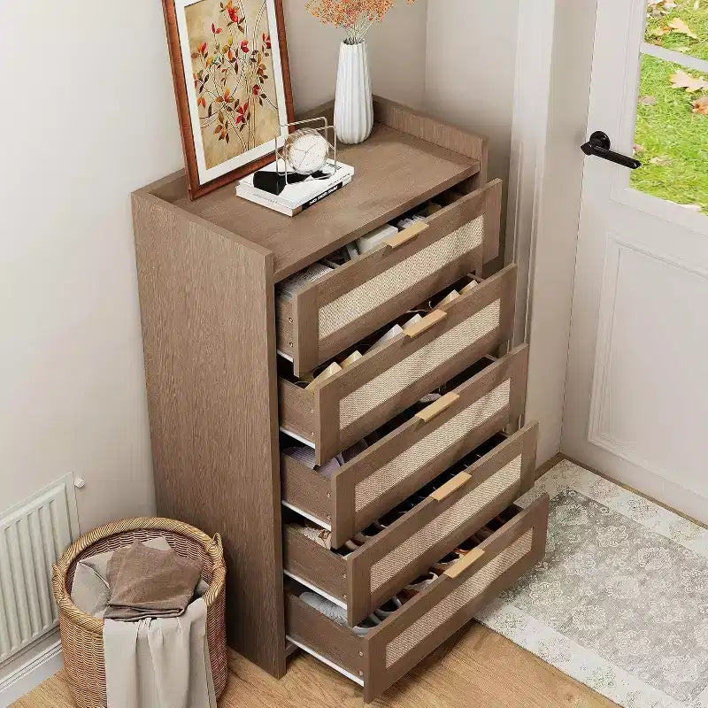 Commode 5 tiroirs en rotin style bohème pour chambre à coucher, grande commode en bois de rangement pour vêtements, organisateur de table de chevet pour couloir, salon