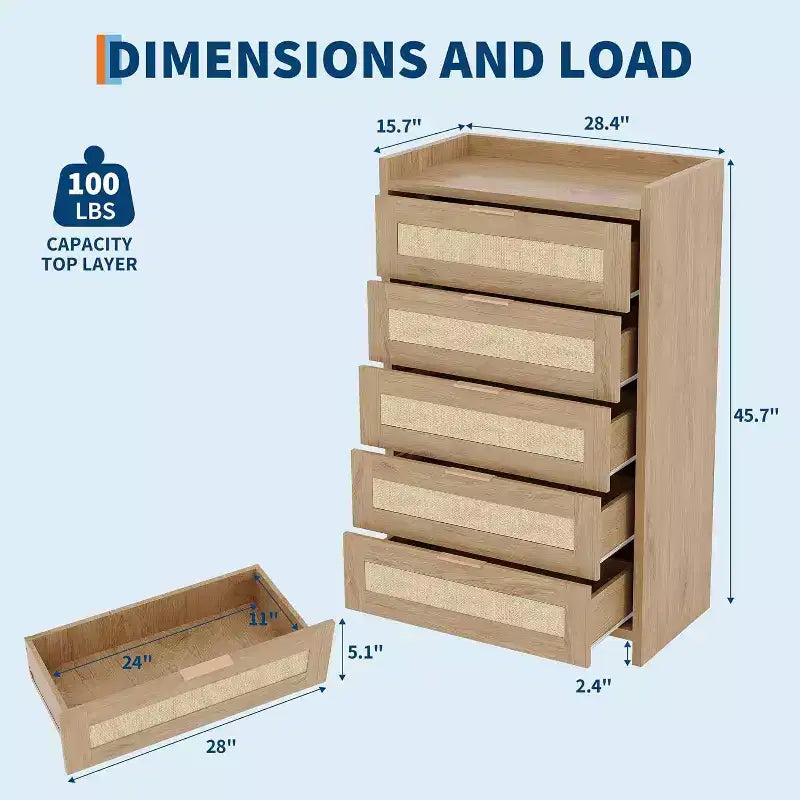 Commode 5 tiroirs en rotin style bohème pour chambre à coucher, grande commode en bois de rangement pour vêtements, organisateur de table de chevet pour couloir, salon