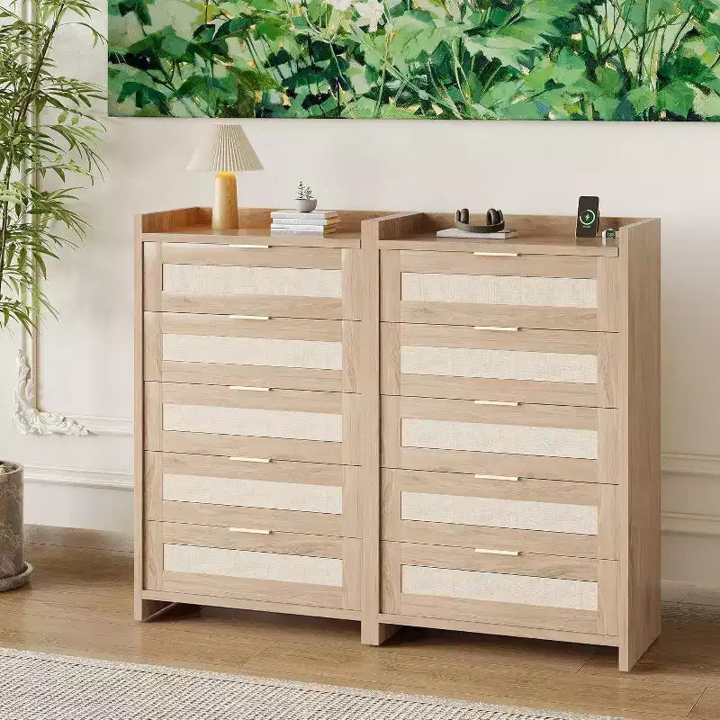 Commode 5 tiroirs en rotin style bohème pour chambre à coucher, grande commode en bois de rangement pour vêtements, organisateur de table de chevet pour couloir, salon