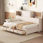 Daybed with 3 Storage Drawers and Sockets and USB Ports, Wooden Bedframe with Upper Soft Board for Bedroom Guestroom, White
