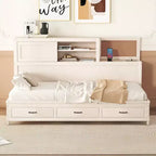 avec 3 tiroirs de rangement et prises et ports USB, cadre de lit en bois avec tête de lit rembourrée pour chambre à coucher ou chambre d'amis, blanc