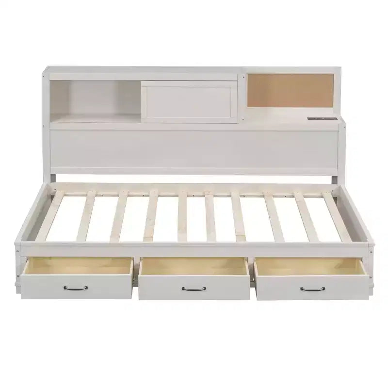 avec 3 tiroirs de rangement et prises et ports USB, cadre de lit en bois avec tête de lit rembourrée pour chambre à coucher ou chambre d'amis, blanc