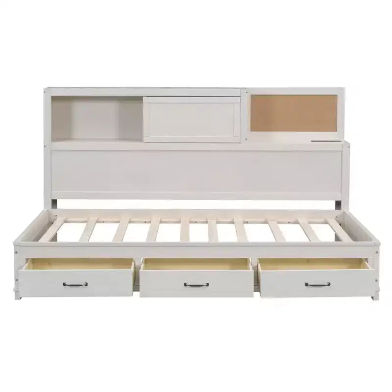avec 3 tiroirs de rangement et prises et ports USB, cadre de lit en bois avec tête de lit rembourrée pour chambre à coucher ou chambre d'amis, blanc