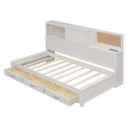 avec 3 tiroirs de rangement et prises et ports USB, cadre de lit en bois avec tête de lit rembourrée pour chambre à coucher ou chambre d'amis, blanc