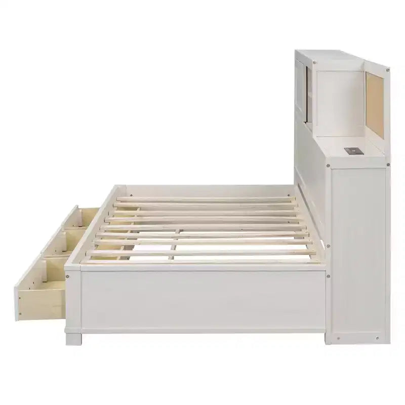 avec 3 tiroirs de rangement et prises et ports USB, cadre de lit en bois avec tête de lit rembourrée pour chambre à coucher ou chambre d'amis, blanc