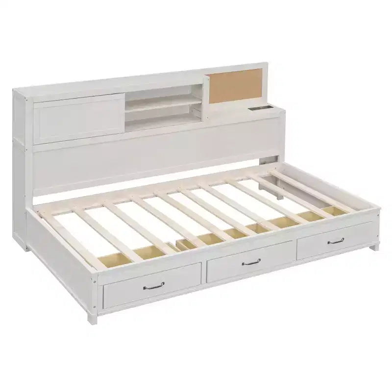 avec 3 tiroirs de rangement et prises et ports USB, cadre de lit en bois avec tête de lit rembourrée pour chambre à coucher ou chambre d'amis, blanc