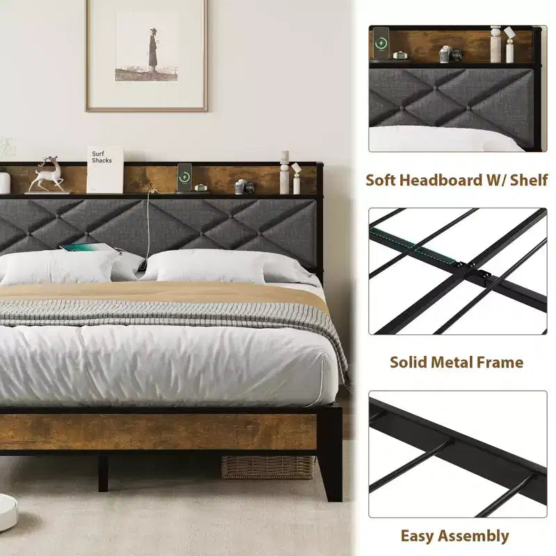 Cadre de lit King avec tête de lit, lit plateforme vintage avec station de charge et étagère de rangement, aucun sommier tapissier requis, gris et marron