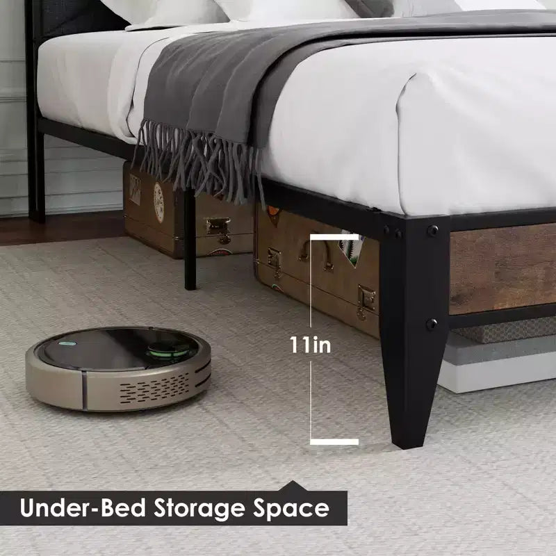 Cadre de lit King avec tête de lit, lit plateforme vintage avec station de charge et étagère de rangement, aucun sommier tapissier requis, gris et marron
