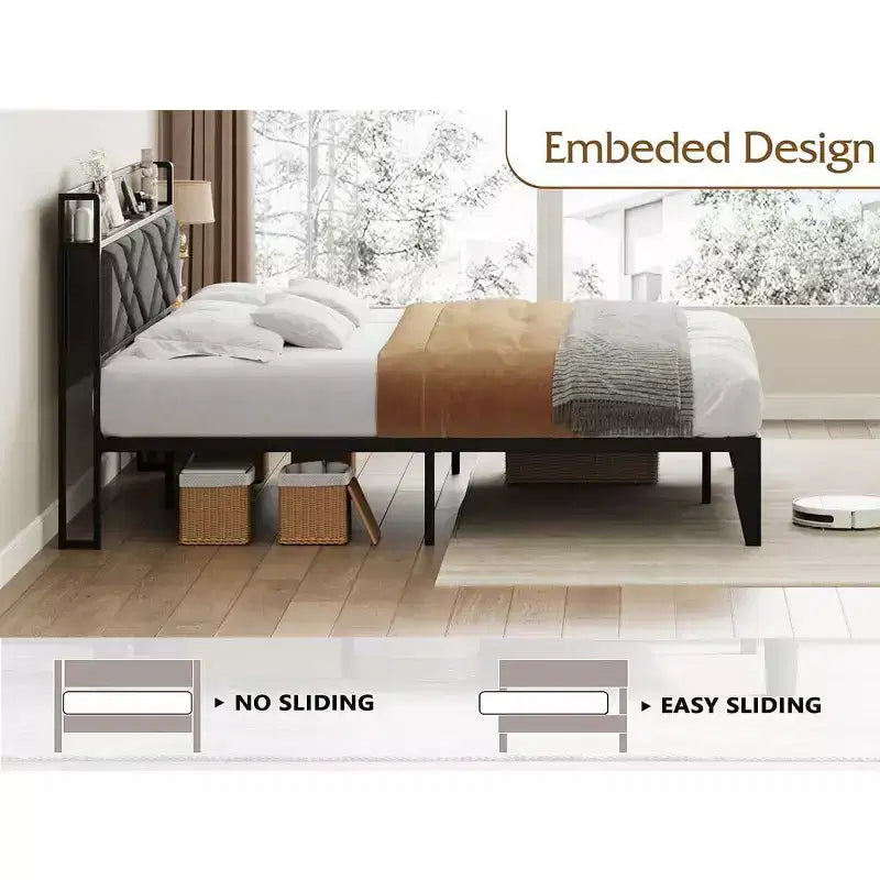 Cadre de lit King avec tête de lit, lit plateforme vintage avec station de charge et étagère de rangement, aucun sommier tapissier requis, gris et marron