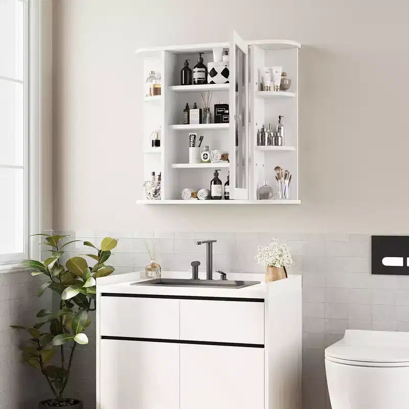 Meuble de salle de bain mural avec miroir et 6 étagères ouvertes