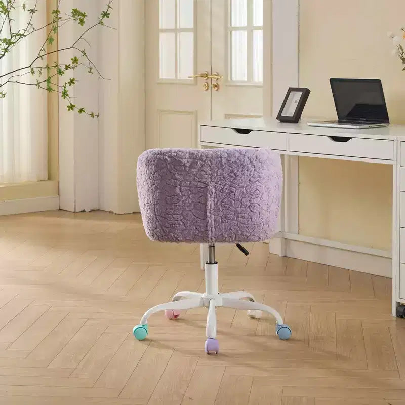 Chaise de bureau en fausse fourrure de lapin - Base en métal, pivotante réglable, chaise de coiffeuse, violette