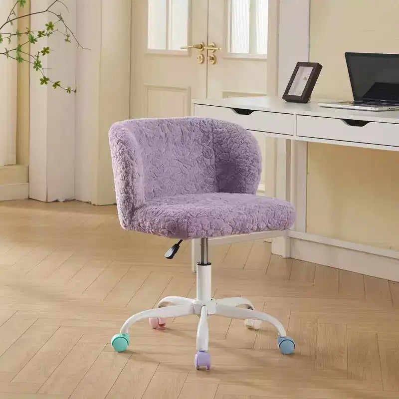 Chaise de bureau en fausse fourrure de lapin - Base en métal, pivotante réglable, chaise de coiffeuse, violette
