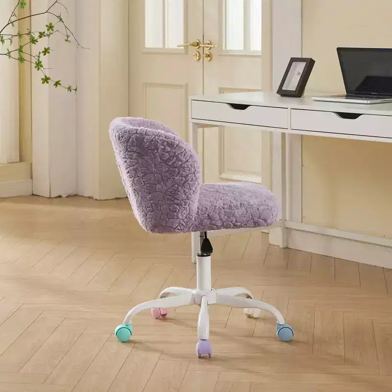 Chaise de bureau en fausse fourrure de lapin - Base en métal, pivotante réglable, chaise de coiffeuse, violette