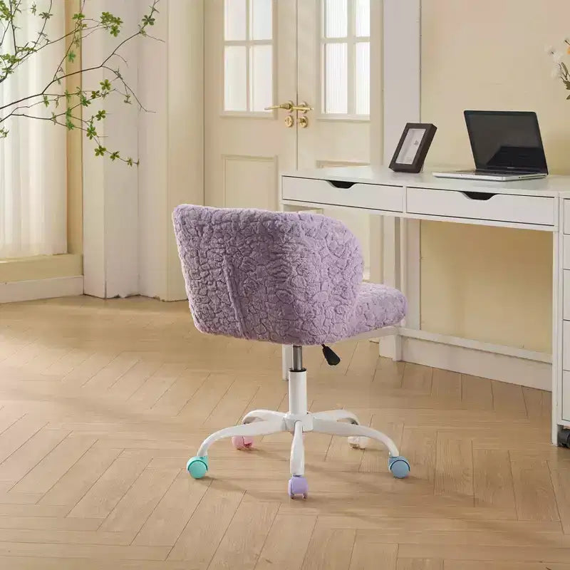 Chaise de bureau en fausse fourrure de lapin - Base en métal, pivotante réglable, chaise de coiffeuse, violette