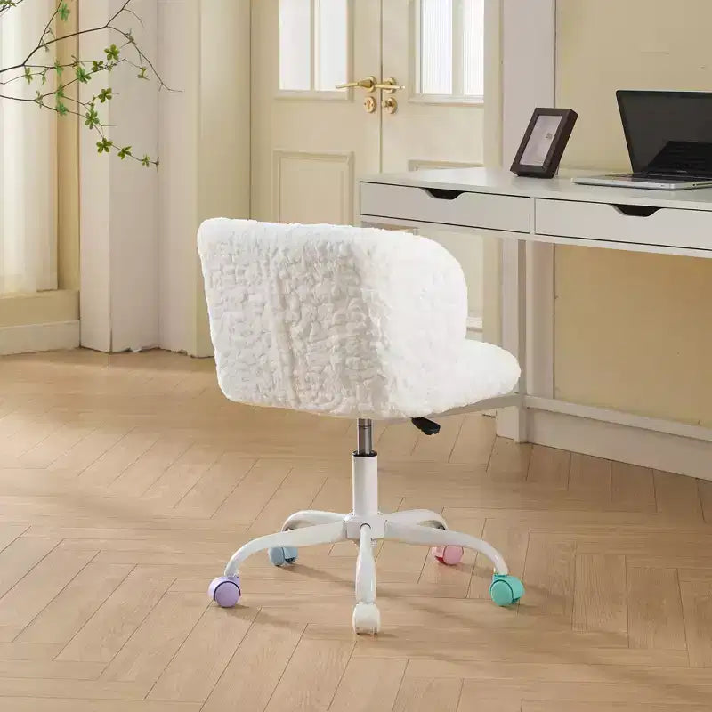 Chaise de bureau en fausse fourrure de lapin - Base en métal, pivotante réglable, chaise de coiffeuse, violette