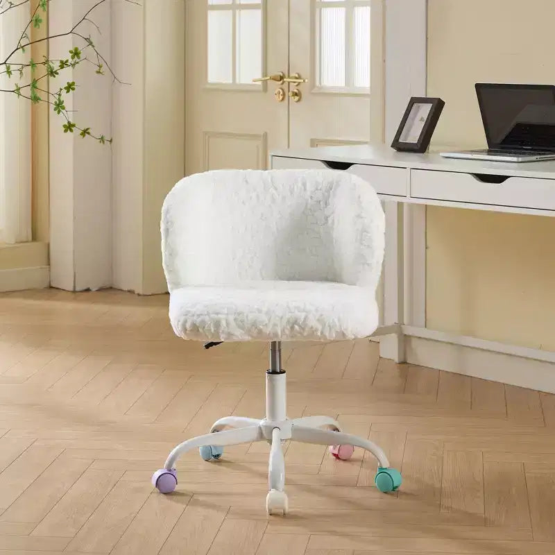 Chaise de bureau en fausse fourrure de lapin - Base en métal, pivotante réglable, chaise de coiffeuse, violette