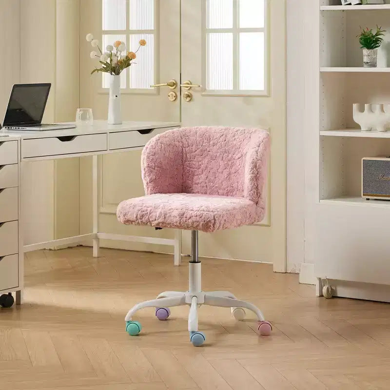 Chaise de bureau en fausse fourrure de lapin - Base en métal, pivotante réglable, chaise de coiffeuse, violette