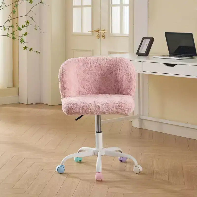 Chaise de bureau en fausse fourrure de lapin - Base en métal, pivotante réglable, chaise de coiffeuse, violette