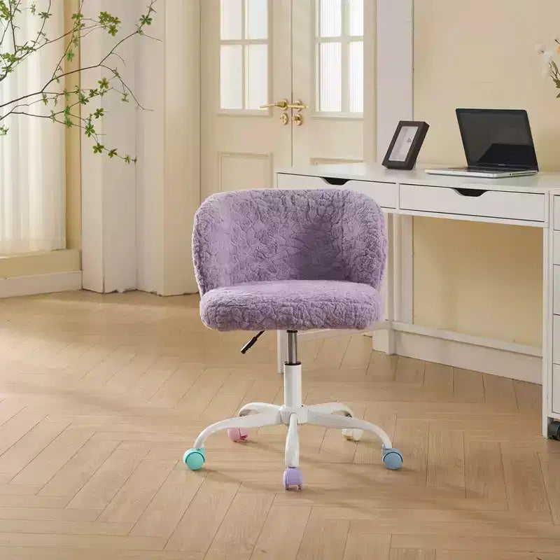 Chaise de bureau en fausse fourrure de lapin - Base en métal, pivotante réglable, chaise de coiffeuse, violette