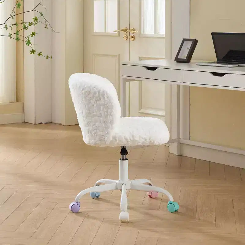 Chaise de bureau en fausse fourrure de lapin - Base en métal, pivotante réglable, chaise de coiffeuse, violette