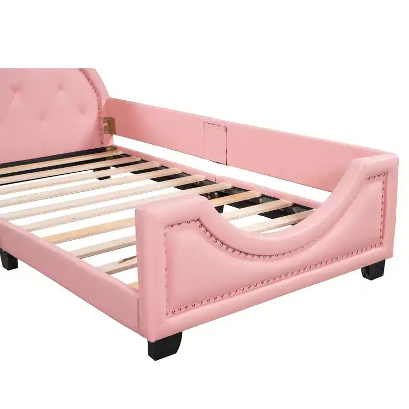 Lit de repos en carton taille jumeau pour enfants, cadre de lit de repos en cuir PU avec tête de lit en forme d'oreilles et décoration de rivets pour filles et garçons, rose