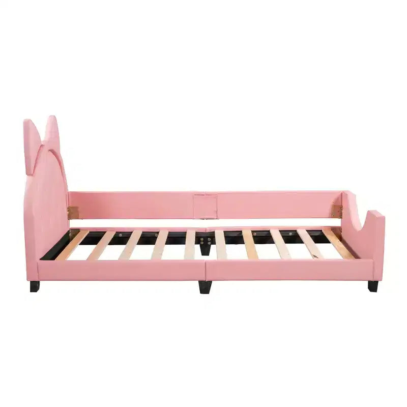 Lit de repos en carton taille jumeau pour enfants, cadre de lit de repos en cuir PU avec tête de lit en forme d'oreilles et décoration de rivets pour filles et garçons, rose