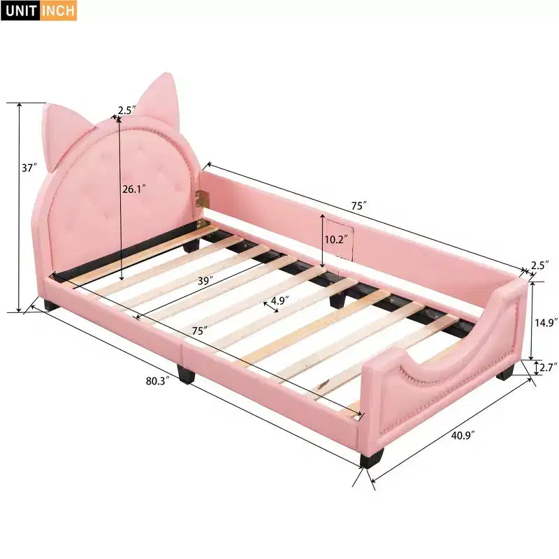 Lit de repos en carton taille jumeau pour enfants, cadre de lit de repos en cuir PU avec tête de lit en forme d'oreilles et décoration de rivets pour filles et garçons, rose