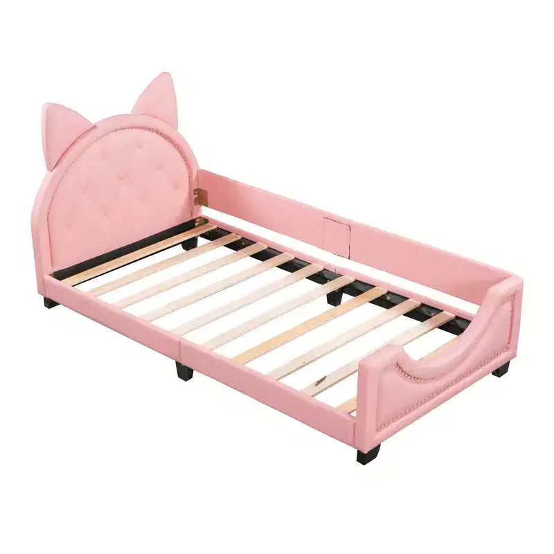 Lit de repos en carton taille jumeau pour enfants, cadre de lit de repos en cuir PU avec tête de lit en forme d'oreilles et décoration de rivets pour filles et garçons, rose
