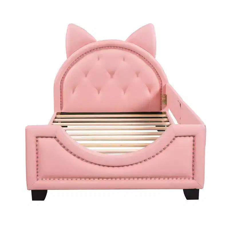 Lit de repos en carton taille jumeau pour enfants, cadre de lit de repos en cuir PU avec tête de lit en forme d'oreilles et décoration de rivets pour filles et garçons, rose