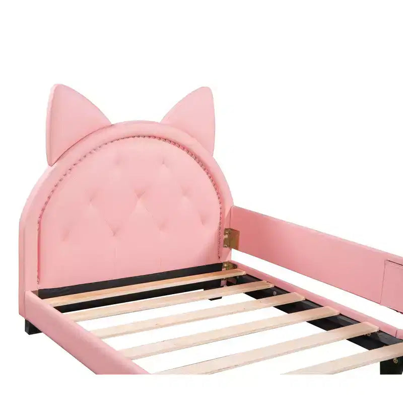 Lit de repos en carton taille jumeau pour enfants, cadre de lit de repos en cuir PU avec tête de lit en forme d'oreilles et décoration de rivets pour filles et garçons, rose