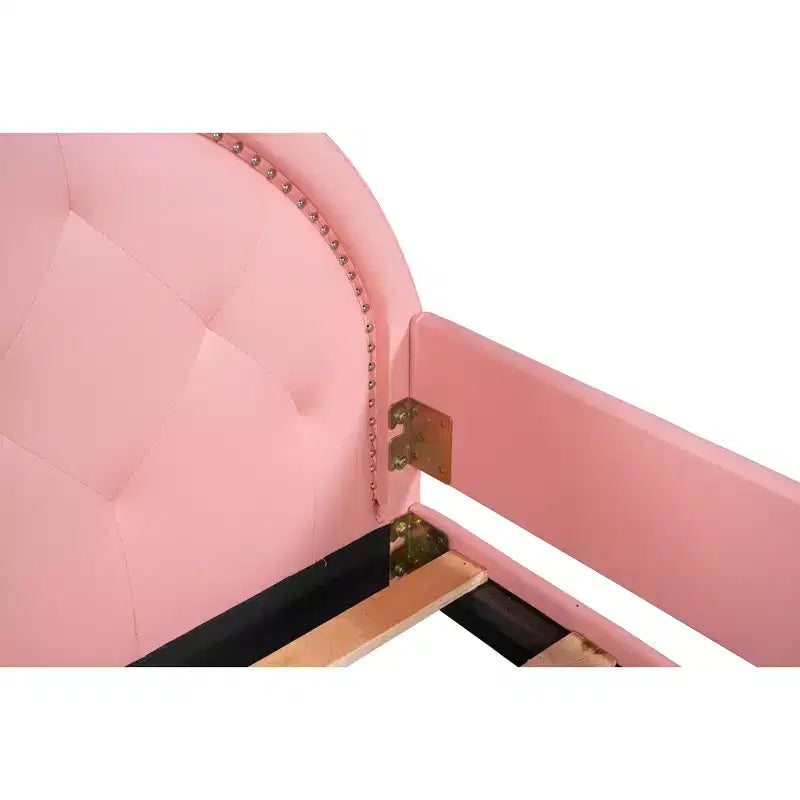 Lit de repos en carton taille jumeau pour enfants, cadre de lit de repos en cuir PU avec tête de lit en forme d'oreilles et décoration de rivets pour filles et garçons, rose