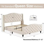 Cadre de lit Queen avec tête et pied de lit, plateforme de lit capitonnée en velours avec dossier ailé, aucun sommier tapissier requis, capacité de 360 kg