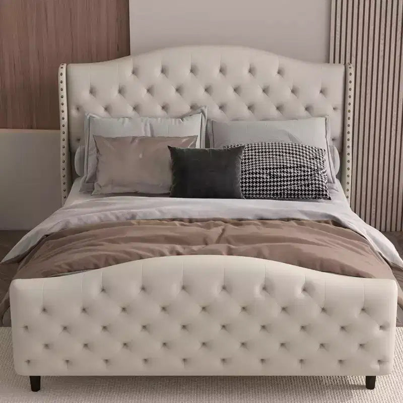 Cadre de lit Queen avec tête et pied de lit, plateforme de lit capitonnée en velours avec dossier ailé, aucun sommier tapissier requis, capacité de 360 kg