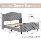 Cadre de lit Queen avec tête et pied de lit, plateforme de lit capitonnée en velours avec dossier ailé, aucun sommier tapissier requis, capacité de 360 kg