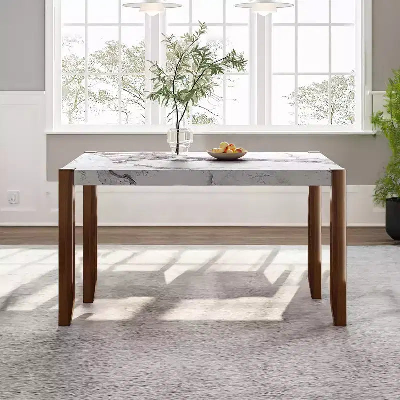 Table de salle à manger moderne de 118 cm, table de cuisine rectangulaire en faux marbre avec pieds en bois d'hévéa, blanc