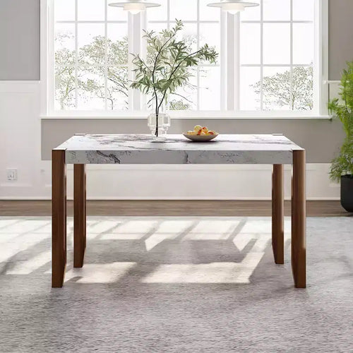 Table de salle à manger moderne de 118 cm, table de cuisine rectangulaire en faux marbre avec pieds en bois d'hévéa, blanc