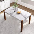 Table de salle à manger moderne de 118 cm, table de cuisine rectangulaire en faux marbre avec pieds en bois d'hévéa, blanc