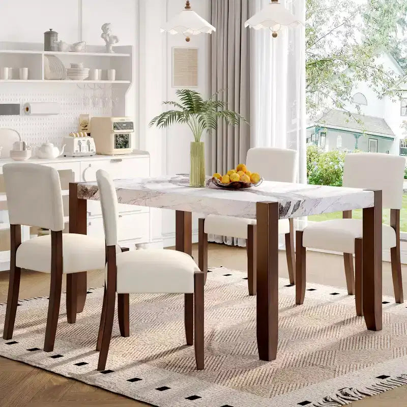 Table de salle à manger moderne de 118 cm, table de cuisine rectangulaire en faux marbre avec pieds en bois d'hévéa, blanc