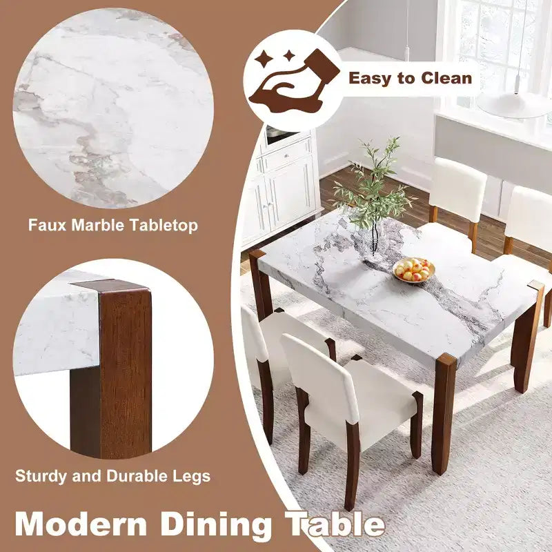 Table de salle à manger moderne de 118 cm, table de cuisine rectangulaire en faux marbre avec pieds en bois d'hévéa, blanc