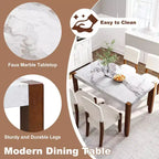 Table de salle à manger moderne de 118 cm, table de cuisine rectangulaire en faux marbre avec pieds en bois d'hévéa, blanc
