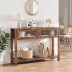 Table d'entrée de 109,98 cm, console en bois avec 2 tiroirs en verre et étagère ouverte, rangement derrière le canapé, dans le hall d'entrée, pour le salon, le couloir