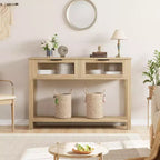 Table d'entrée de 109,98 cm, console en bois avec 2 tiroirs en verre et étagère ouverte, rangement derrière le canapé, dans le hall d'entrée, pour le salon, le couloir