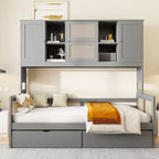 Twin/Full Daybed with and Storage Bookcase, Wooden Day Bed with Storage Cabinets Shelves